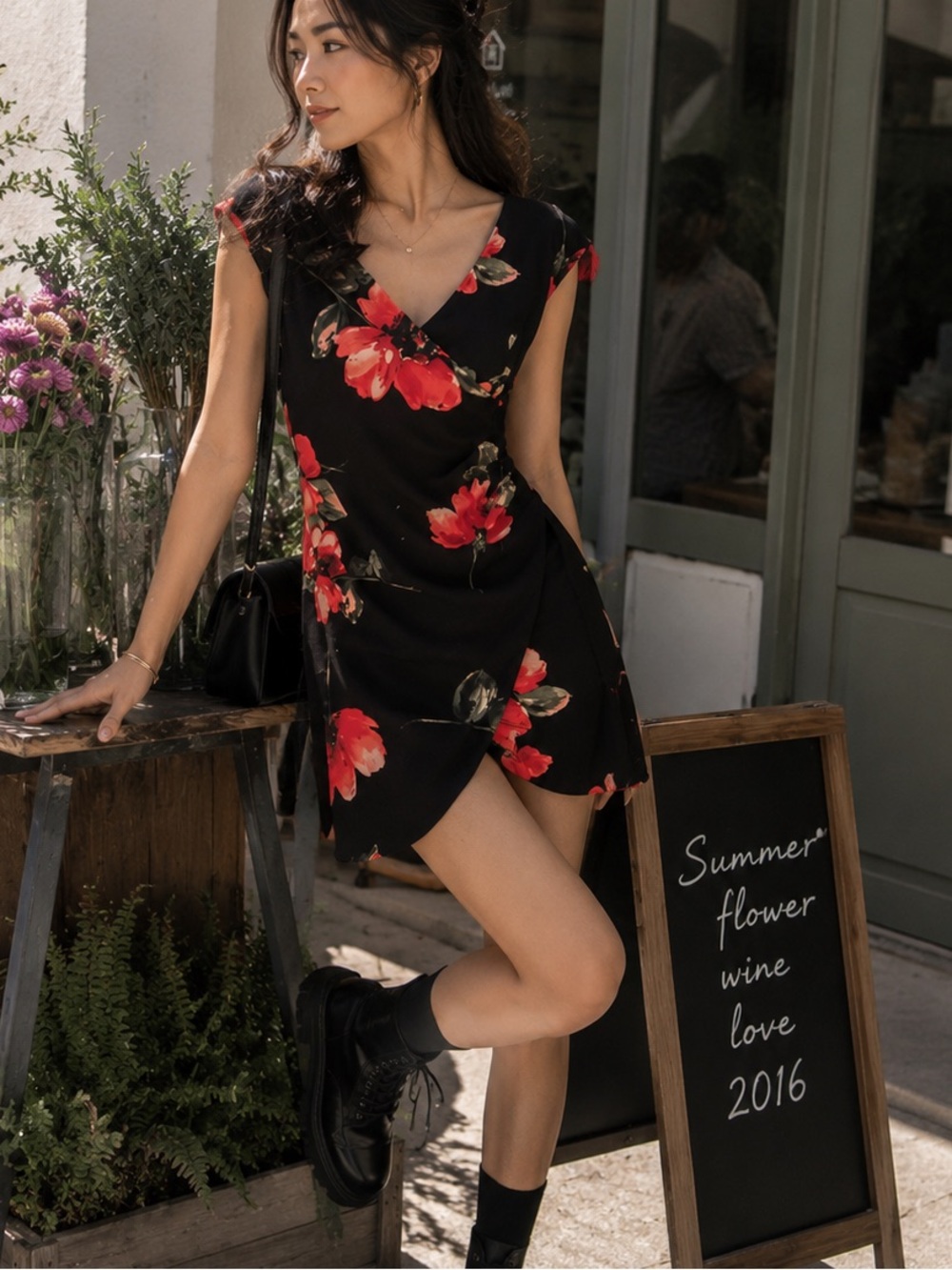 Joe & Elle Black Dress with Pink Floral and Green Accents